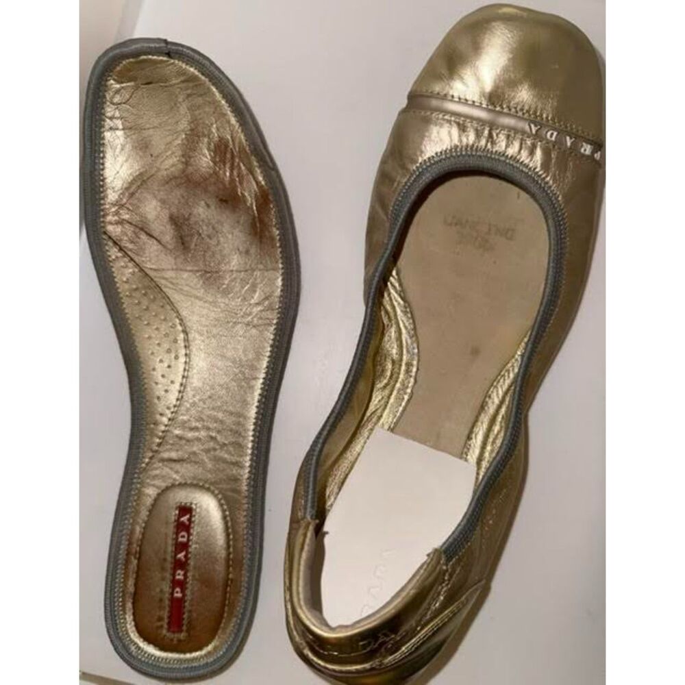 Vintage Prada Sport Gold Ballet Flats | Y2K Designer Metallic Leather Shoes - Picture 6 of 11